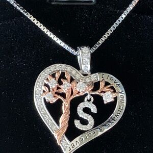 Tree of Life Heart Necklace with Initial 'S'